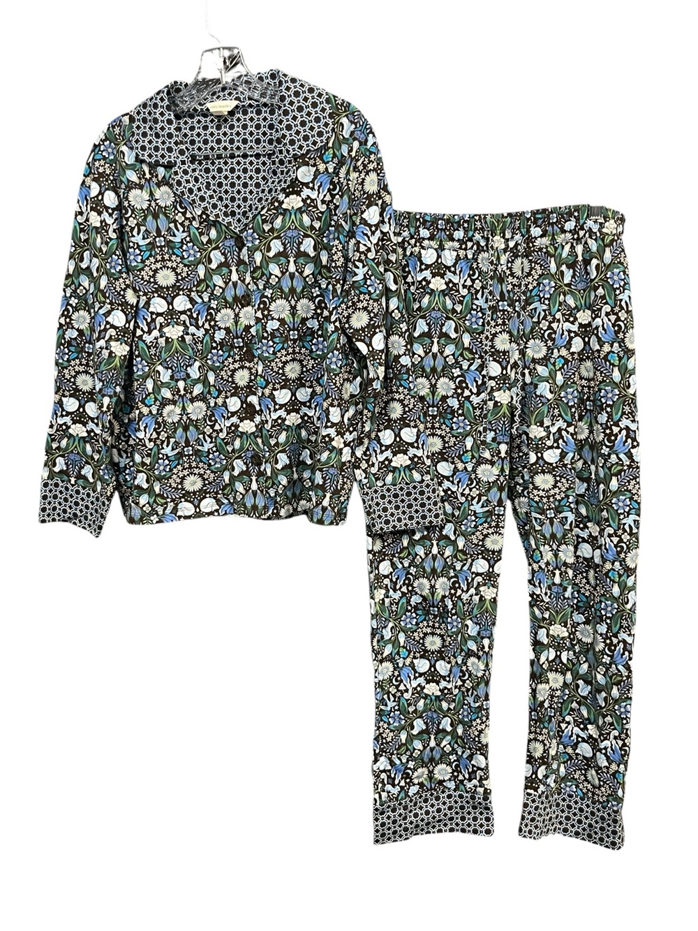 Vera Bradley Pajama Set Women L Blue Floral Cotton Sleepwear Top Pants